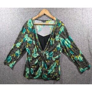 DANA TAYLOR Blouse Floral Script Print Ring Front Detail Size XL Artistic